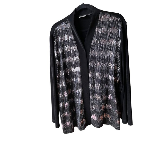 CHICO'S Black and Silver Metallic Sequin Lightweight Open Jacket Cardigan - Picture 1 of 11